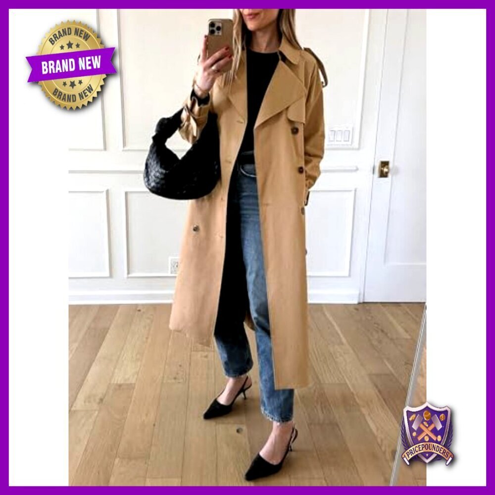 Long Trench Coat Double Breasted Classic Lapel Overcoat with Belt Elegant - Picture 3 of 7